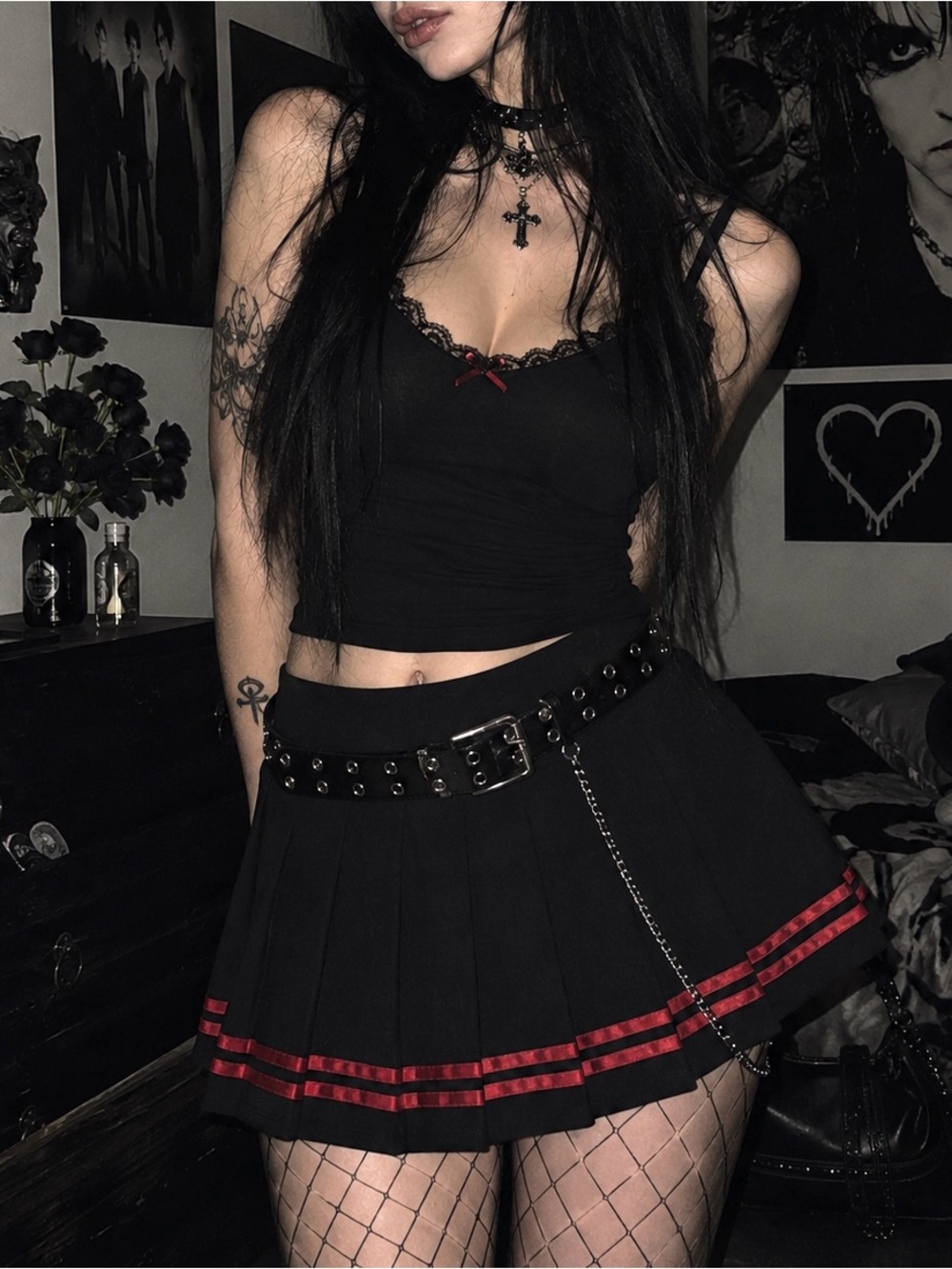 Black Gothic Pleated Stylish Essential Mini Skirt with Red Stripe Trim- Women’s